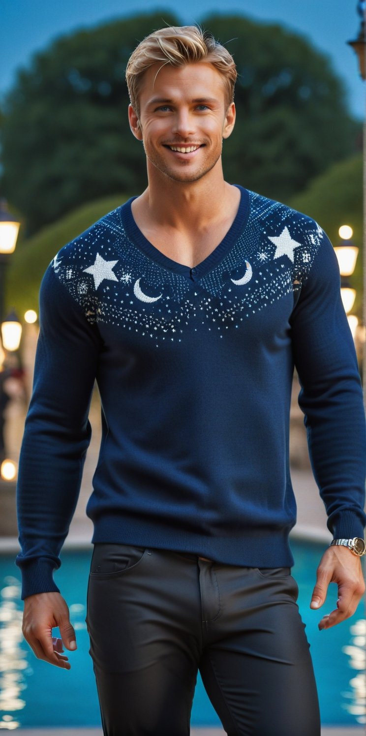 Imagine the following scene: a beautiful man walking through a square. At the back of the square many people walk around a large fountain. It's a dark night, only the moon and stars in the sky.

The man is blonde, 28 years old, from Slovakia. muscular, he wears a thick gray wool sweater, the sweater is button-down with a "v" neck. The open sweater showing his shapely and muscular chest. He wears short black lycra pants, tight to his muscular legs, and black boots. Smile, blue eyes, short hair, straight hair. Dynamic pose.

 perfect hands (detailed face, detailed skin texture), (photorealistic), masterpiece: 1.5, beautiful lighting, best quality, beautiful lighting, realistic and natural image, intricate details, everything in focus, perfect focus, photography, masterpiece, small nuances, Supreme resolution, 32K, ultra-sharp quality and details. Superior, realistic and complex, perfect proportions, perfect hands, perfect feet. (extremely detailed skin texture and pores)