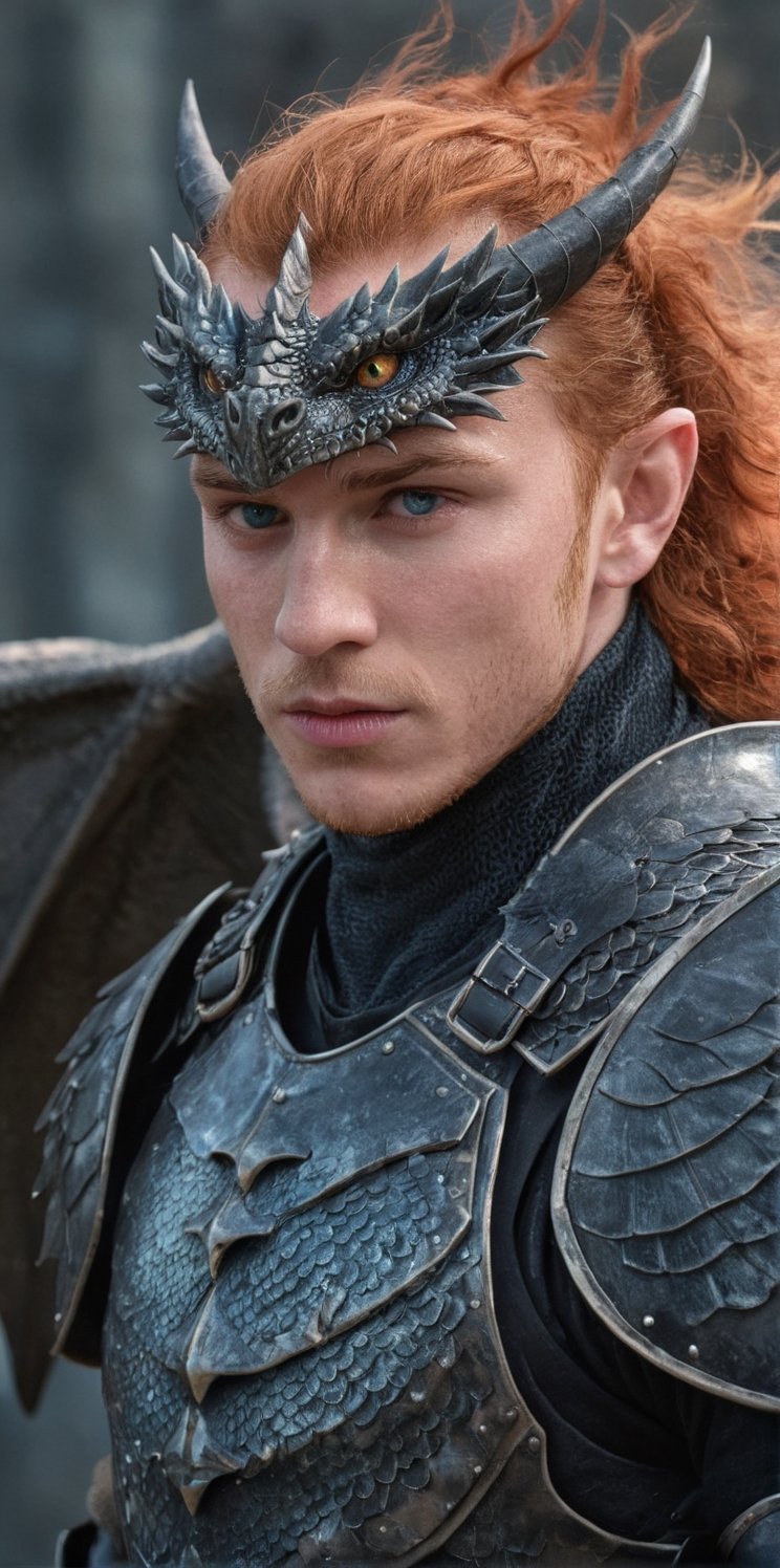 Imagine the following surreal scene:

A large black dragon flies, it is long with large wings.

In the center of the image in front of the dragon, a beautiful Latin man in armor, 25yo, muscular, very light and bright blue eyes, straight ginger hair, short hair, long eyelashes, sensual lips and pink. Male. very freckled

(((wearing a armor))).

The lighting is natural. Highlighting the man and the details of the scene. The focus on the dragon