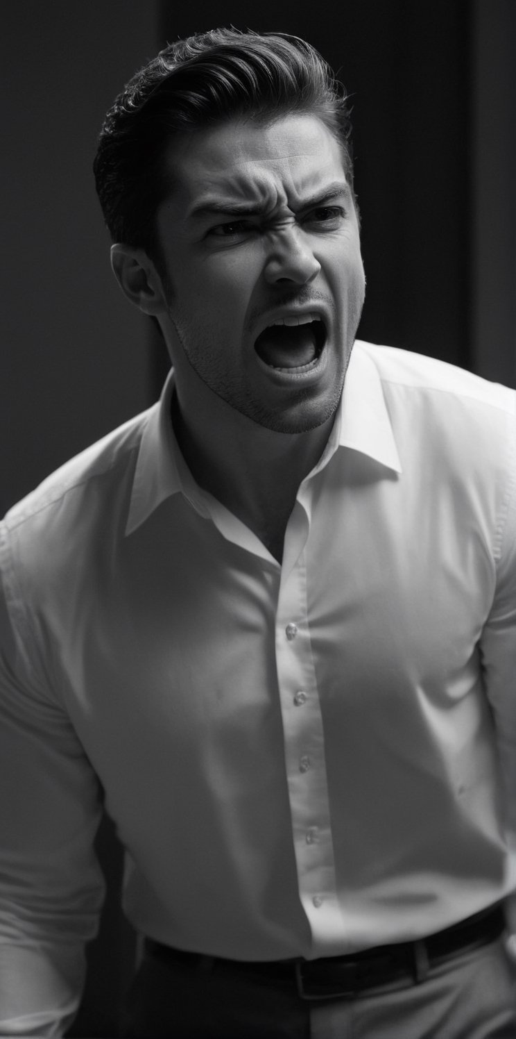 Creates a hyper-realistic image of a beautiful man in a dark room, the man screams, shouting in anger, the mood is furious, lost in a harsh, black and white photograph, with a high level of detail and sharp focus. Extremely realistic, still photo from the movie, elegant, Latin man, young, handsome.