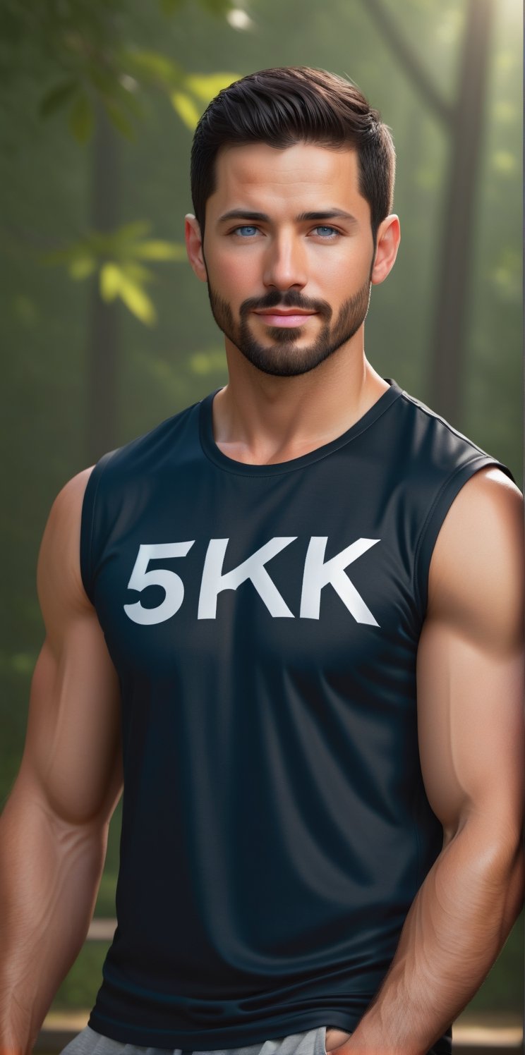 (photorealistic), masterpiece:1.5, beautiful lighting, best quality, beautiful lighting, realistic, real image, intricate details, 

Imagine a man, beautiful Hispanic man, 30yo, blue eyed, athletic, wearing a sleeveless shirt. Dark black hair, facial hair, pointy hair,  short hair, body hair, Make sure the text '5K' appears prominently in a stylish font on your t-shirt. Aim for perfection in every detail, Text, running, the background is a park full of trees, wearing a sports shorts, sexy smile