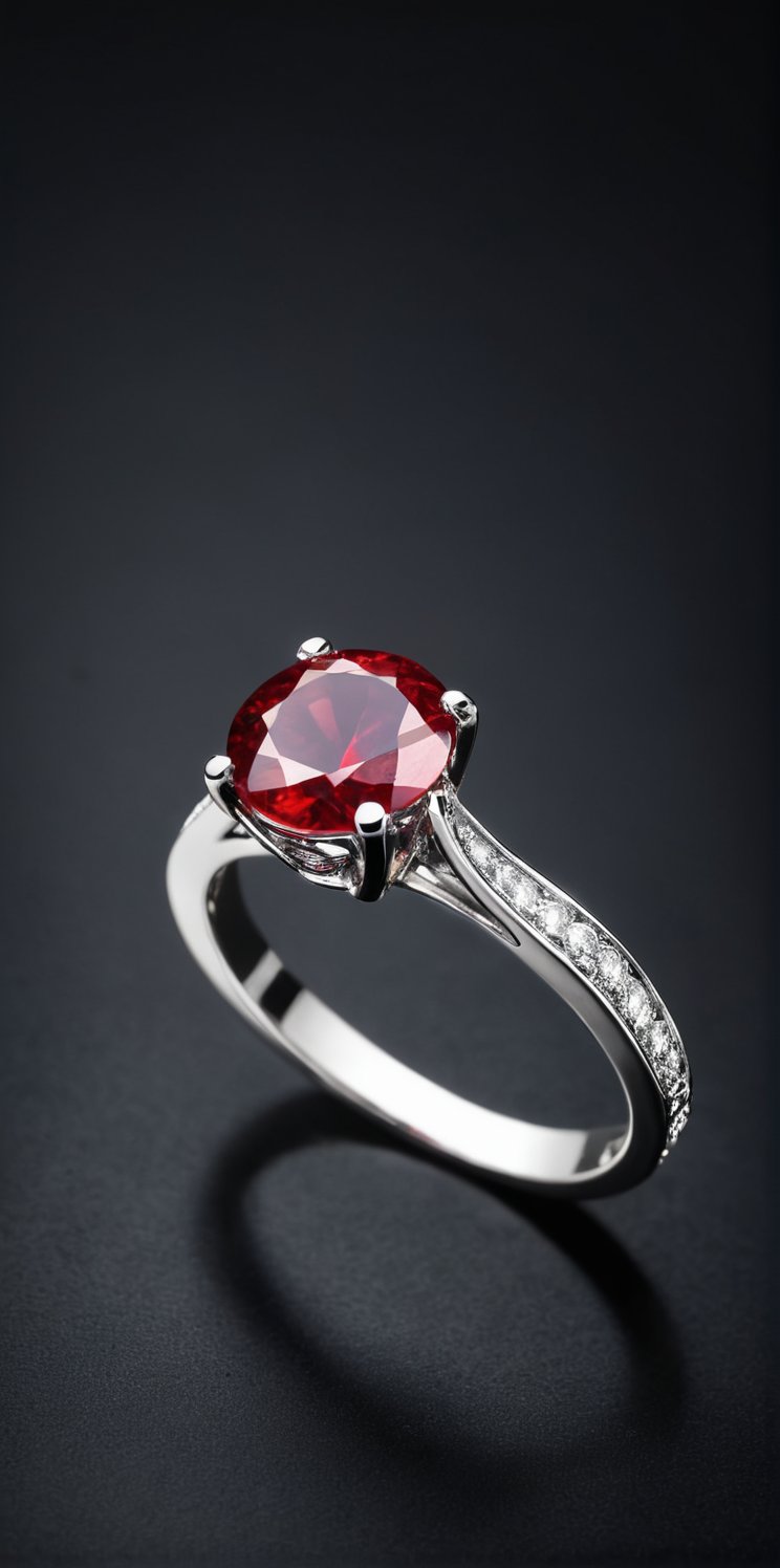 Imagine the following scene:

on a black background. Floating a beautiful silver ring. The ring in the center with a large ruby, the ruby ​​of an intense, brilliant red. It has many details that adorn and embellish the ring.
A backlight illuminates only the ring.

(photorealistic), masterpiece: 1.5, beautiful lighting, best quality, beautiful lighting, realistic and natural image, intricate details, everything in focus, perfect focus, photography, masterpiece, small nuances, Supreme Resolution, 32K, ultra-sharp quality and details.