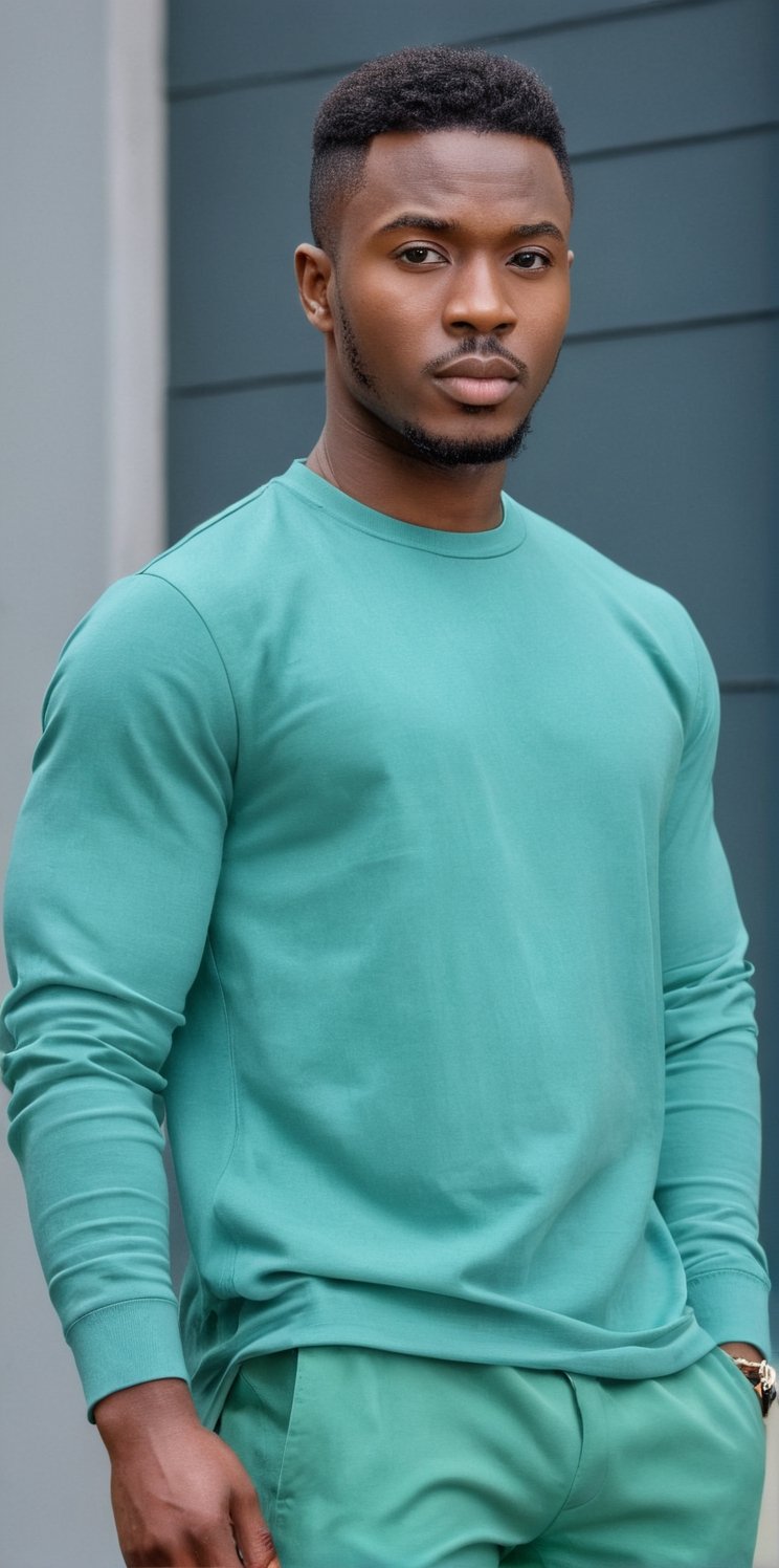 Imagine the following scene:

A handsome man standing in the foreground, very close shot

Wearing a green long sleeve shirt, green pants, green shoes. Very fashionable, very masculine. Model pose, dynamic pose

The man is Nigerian, 30yo, very light blue eyes, bright and big eyes, brown hair, straight hair, long eyelashes, full and red lips. short hair, very muscular,

The setting is a busy street at night