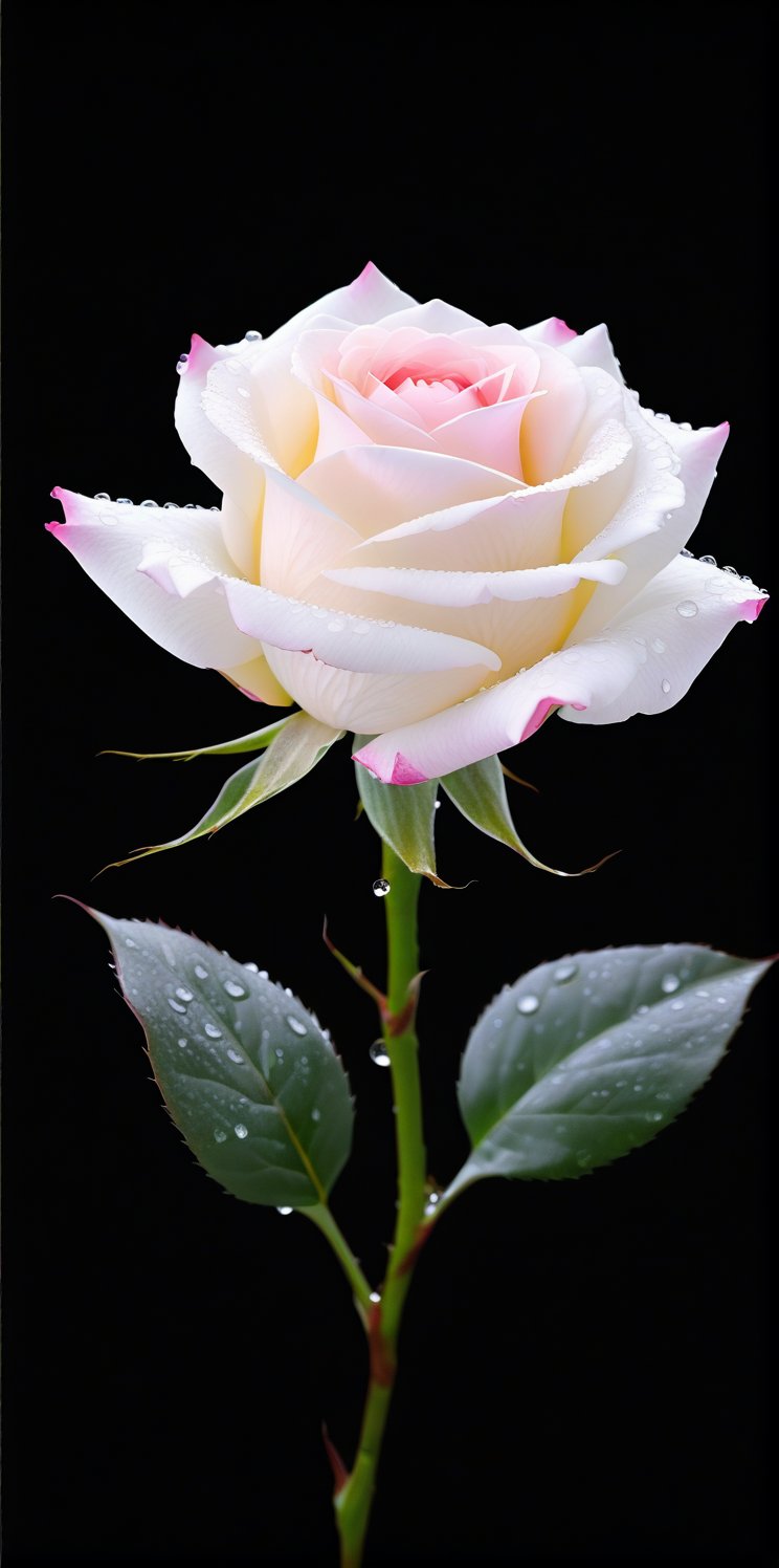 Imagine the following scene.

Animation style image. A beautiful white rose floating on a black background. L pink with dew on its petals. It's a beautiful pink.