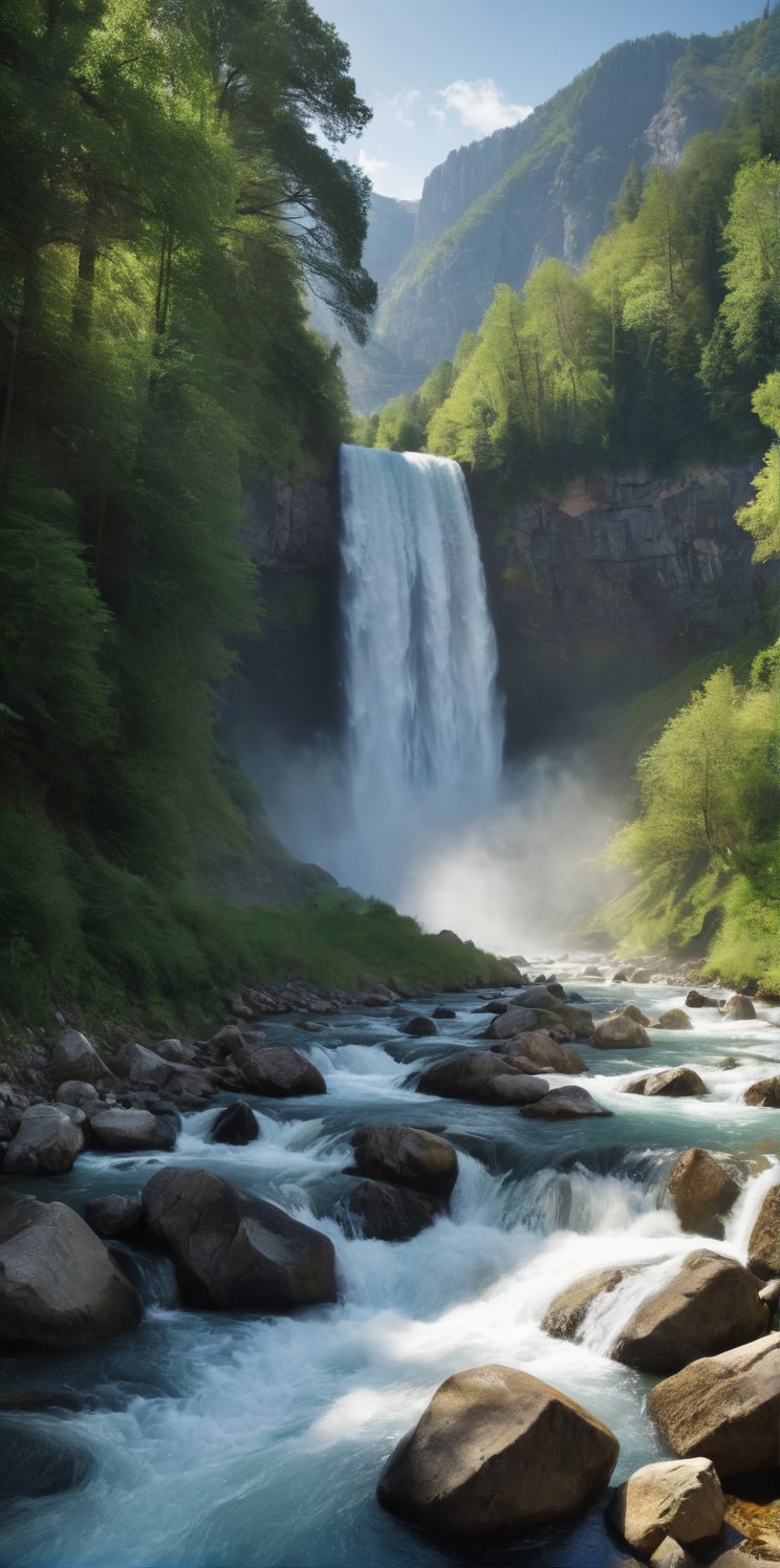 Imagine the following scene:

A hyperrealistic photograph of a beautiful river in a mountain. The river is wide and turbulent, very imposing and untamable. It's daytime, the light filters through the branches of the trees next to the river. At the end a large waterfall can be seen, where the river originates.

(photorealistic), masterpiece: 1.5, beautiful lighting, best quality, beautiful lighting, realistic and natural image, intricate details, everything in focus, perfect focus, photography, masterpiece, small nuances, Supreme resolution, 32K, ultra-sharp quality and details. Superior, realistic and complex