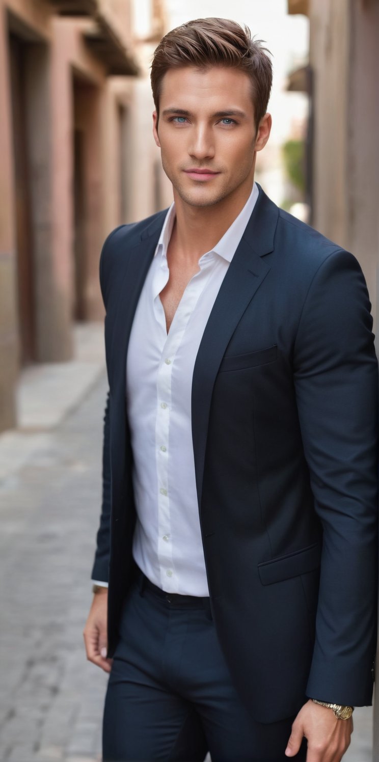 Imagine the following scene.

Realistic photography of a beautiful man. Half body shot.

The man outdoors.

The man is standing, walking with style and confidence.

Wearing a black suit. (((The jacket has white lines))).

The man is muscular, with thick, defined legs. Very clear and large blue eyes. Short brown hair, blush, full, pink lips. Angular face, long eyelashes. 30yo, from Peru.

Falling, looking at the camera mischievously, discreet smile.

(photorealistic), masterpiece: 1.5, beautiful lighting, best quality, beautiful lighting, realistic and natural image, intricate details, everything in sharp focus, perfect focus, photography, masterpiece, meticulous nuances, supreme resolution, 32K, ultra-sharp, quality Details superior, realistic and complex, perfect proportions, perfect hands, perfect feet.