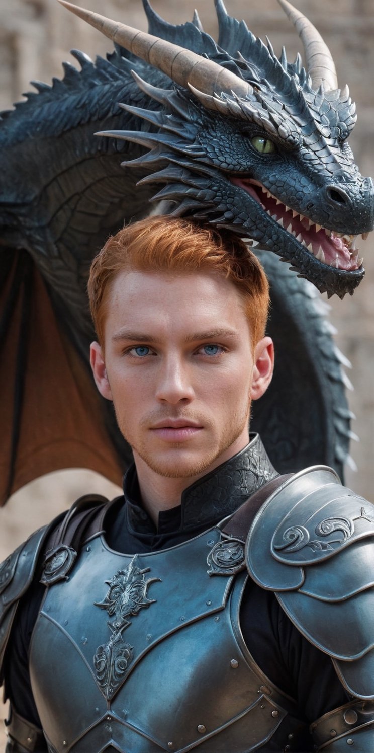 Imagine the following surreal scene:

A large black dragon flies, it is long with large wings.

In the center of the image in front of the dragon, a beautiful Latin man in armor, 25yo, muscular, very light and bright blue eyes, straight ginger hair, short hair, long eyelashes, sensual lips and pink. Male. very freckled

(((wearing a armor))).

The lighting is natural. Highlighting the man and the details of the scene. The focus on the dragon