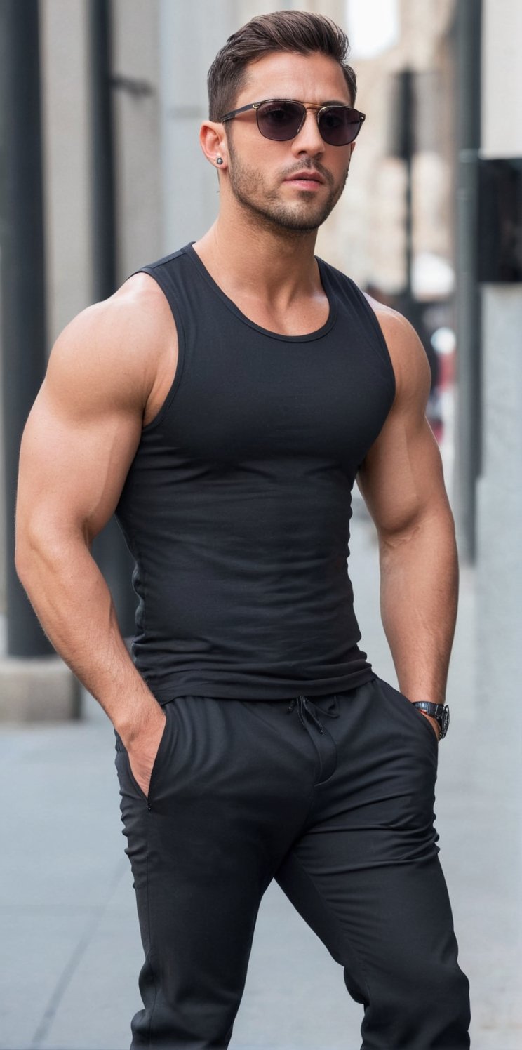 Imagine the following scene:

A close-up photo for Instagram of a beautiful man.

The man is Italian, 25yo, muscular, wearing sunglasses, full and pink lips. Dark brown hair, short hair, very straight hair. Tattoo on the arms.

The man wears a tight-fitting sleeveless vest, showing off his beefy arms. Black dress pants tight to his body. Big ass, big crotch.

The man walks confidently down a busy street. Male. Alfa male.

Many details. Beautiful image.