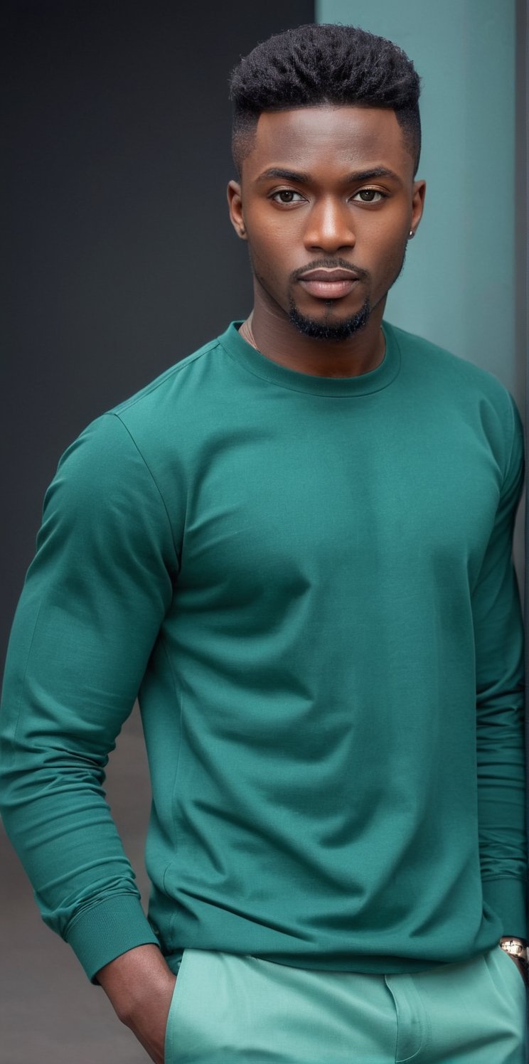 Imagine the following scene:

A handsome man standing in the foreground, very close shot

Wearing a green long sleeve shirt, green pants, green shoes. Very fashionable, very masculine. Model pose, dynamic pose

The man is Nigerian, 30yo, very light blue eyes, bright and big eyes, brown hair, straight hair, long eyelashes, full and red lips. short hair, very muscular,

The setting is a busy street at night