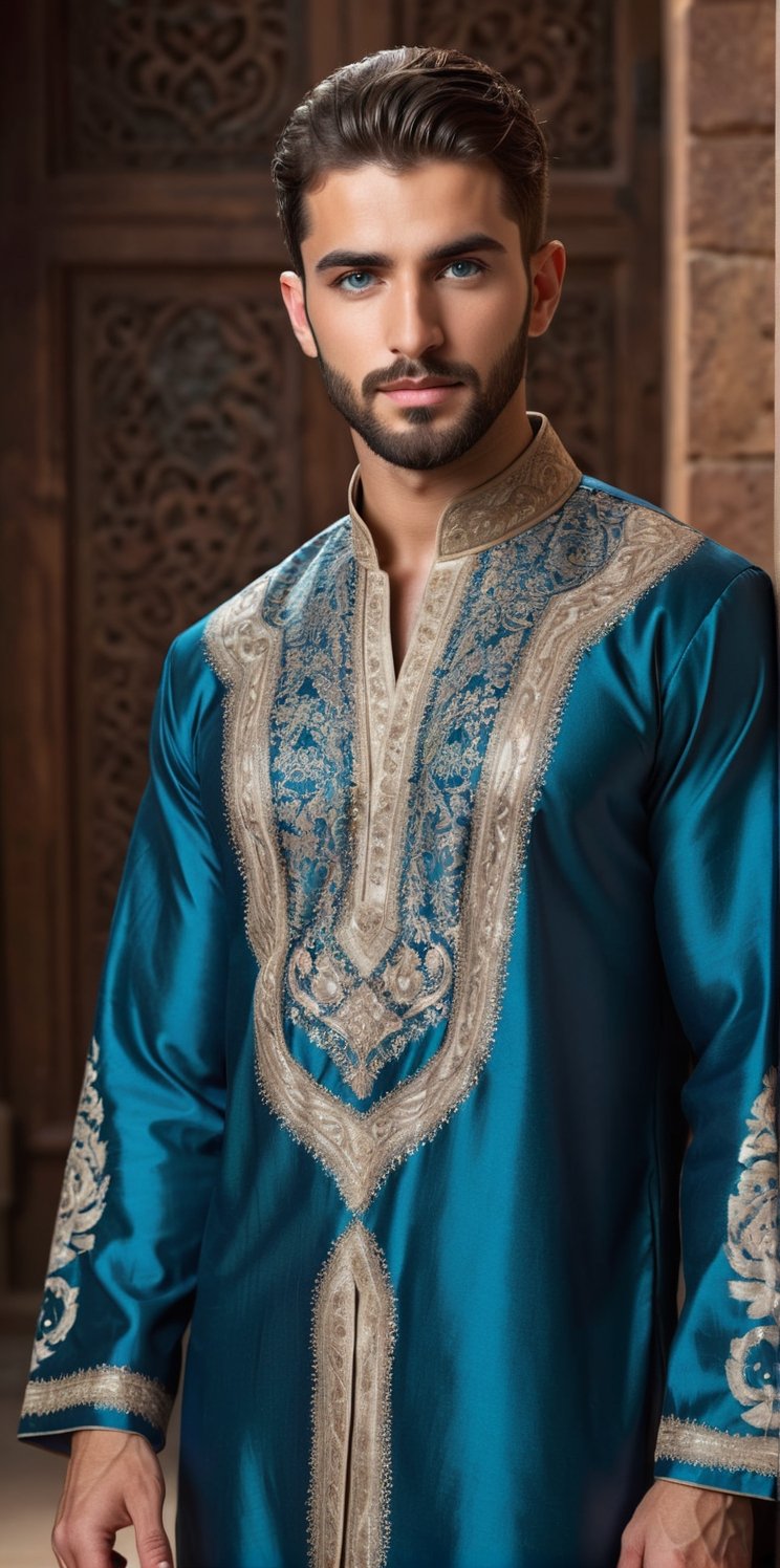 26years old beautiful man wearing a luxurious Middle Eastern thobe, muscular, Depth and Dimension in the Pupils, So beautiful ligth blue eyes, (short beard:1.5), Envision the thobe with intricate details, featuring opulent embroidery, rich fabrics, and elaborate patterns, Picture the boy adorned in a palette of vibrant colors, reflecting the elegance and craftsmanship of traditional Middle Eastern attire. Optimize for a visually captivating composition that highlights the exquisite design of the thobe, creating a scene that celebrates the beauty of cultural richness,