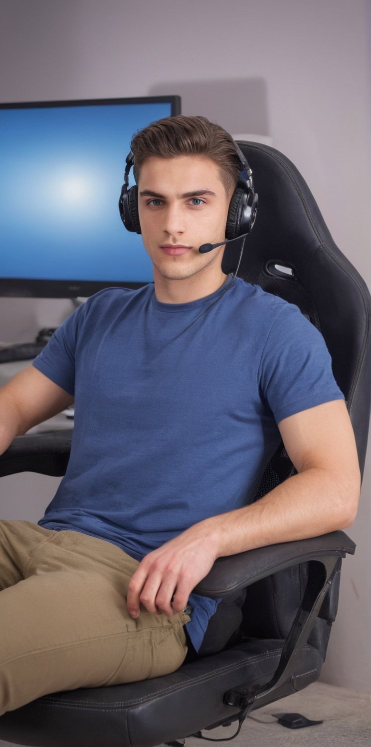 Imagine the following scene. A handsome man sitting in a computer chair, a gamer chair.

The man is beautiful, Arab, 20 years old, very muscular, very masculine. Very light blue eyes, big and bright eyes, full and sensual lips, long eyelashes, light brown hair, short hair.

The man is sitting in a computer gamer's chair, a very wide and comfortable chair, in front of him he has a computer. One of his hands is on the computer mouse.

Wear casual and sports clothing. He has computer headphones over his ears.

The image is taken from afar, you can see the man in the center of the image and the details of the scene.