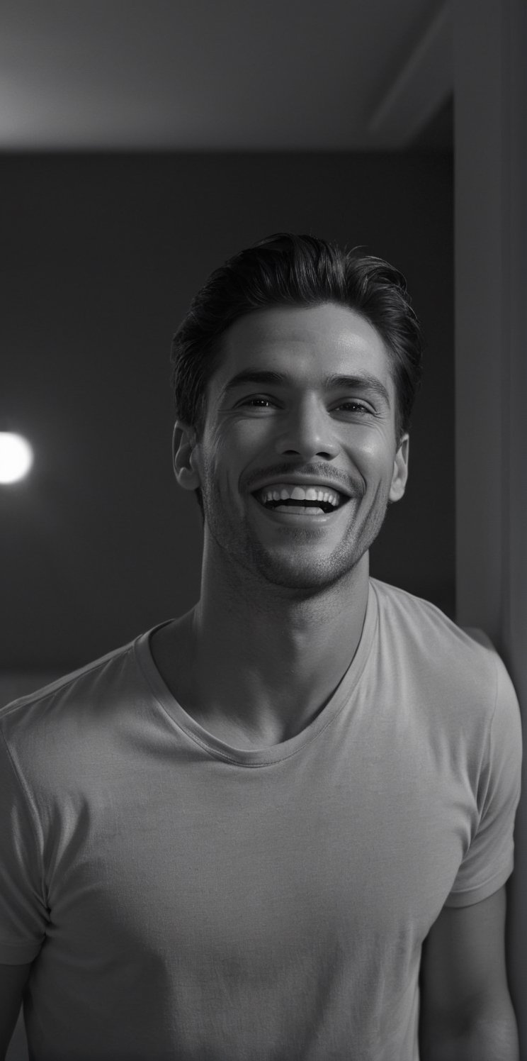 
Creates a hyper-realistic image of a handsome man in a dark room, he laughs out loud, guffaws, the mood is very happy, lost in a harsh, black and white photograph, with a high level of detail and sharp focus . Extremely realistic, still photo from the movie, elegant, Latin man, young, handsome.