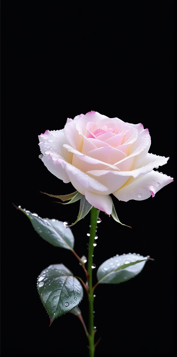 Imagine the following scene.

Animation style image. A beautiful white rose floating on a black background. L pink with dew on its petals. It's a beautiful pink.