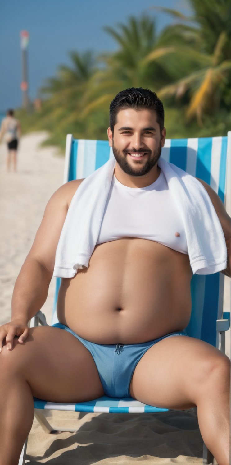 Imagine the following scene. A beautiful man. Full body shot. Long shot. The man sitting in a beach chair. It is on a beautiful beach. It is outdoors, blurred background. He wears a white sleeveless t-shirt. swim shorts sandals. The man is Arab, fat, fat face, 28yo, black hair, thick leg. Legs open. Light blue eyes, straight hair, short hair, full and pink lips. Sitting. Smile. (photorealistic), masterpiece: 1.5, beautiful lighting, best quality, beautiful lighting, realistic and natural image, intricate details, everything in focus, perfect focus, photography, masterpiece. , small nuances, supreme resolution, 32K, ultra-sharp, superior quality details, realistic and complex, perfect proportions, perfect hands, perfect feet.