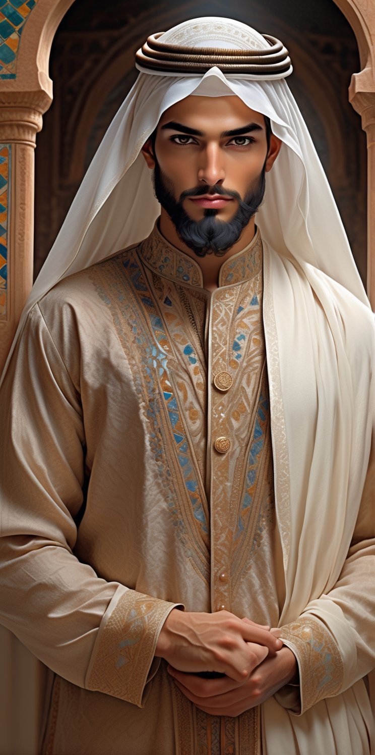 anime style,16years old beautiful boy wearing a luxurious Middle Eastern thobe, ,Depth and Dimension in the Pupils,So beautiful eyes,(beard:1.5),
Envision the thobe with intricate details, featuring opulent embroidery, rich fabrics, and elaborate patterns, Picture the boy adorned in a palette of vibrant colors, reflecting the elegance and craftsmanship of traditional Middle Eastern attire. Optimize for a visually captivating composition that highlights the exquisite design of the thobe, creating a scene that celebrates the beauty of cultural richness,photo r3al,detailmaster2