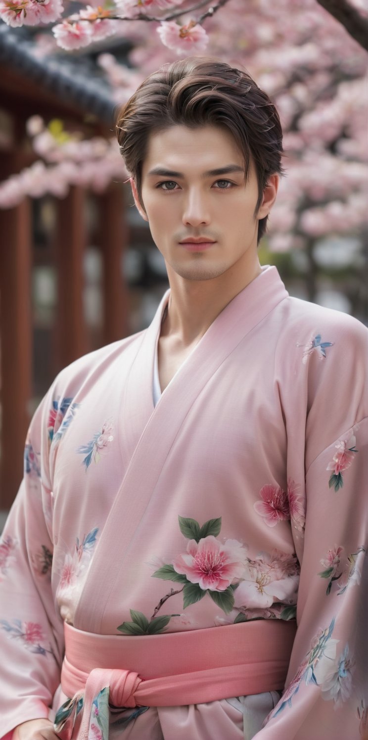 
Imagine the following scene:

Photograph of a beautiful man. Full body shot.

The man is in a Japanese temple. Pink cherry trees in the background. blurred background 

((wearing a pink kimono)).

The man is from Japan, 20 years old, normal body, big bright blue eyes. Masculine, full and red lips. Blush. very straight and short hair.

Standing in the center of the shot, dynamic pose, smile.

(photorealistic), masterpiece: 1.5, beautiful lighting, best quality, beautiful lighting, realistic and natural image, intricate details, everything in sharp focus, perfect focus, photography, masterpiece, meticulous nuances, supreme resolution, 32K, ultra-sharp, quality Details superior, realistic and complex, perfect proportions, perfect hands, perfect feet.