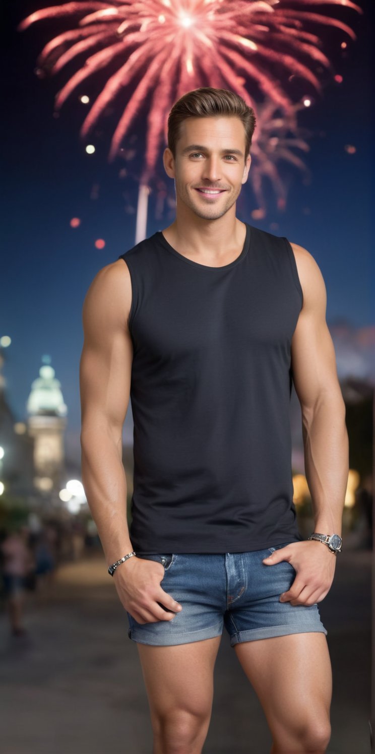 Imagine the following scene.

Realistic photography of a beautiful man. Full body shot.

It's night, in the background there are fireworks in the sky. Blurred background.

The man is standing up.

Wearing a black sleeveless t-shirt, jeans. Black sports shoes. She has earrings, and men's jewelry, a chain on her chest.

The man is muscular, with thick, defined legs. Clear and big eyes. Short hair, blush, full and pink lips. Angular face, long eyelashes. 40yo, from Holland.

Discreet smile. Mischievous look.

(photorealistic), masterpiece: 1.5, beautiful lighting, best quality, beautiful lighting, realistic and natural image, intricate details, everything in sharp focus, perfect focus, photography, masterpiece, meticulous nuances, supreme resolution, 32K, ultra-sharp, quality Details superior, realistic and complex, perfect proportions, perfect hands, perfect feet.