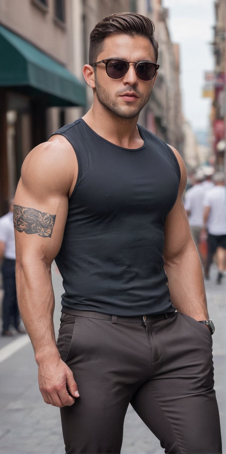 Imagine the following scene:

A close-up photo for Instagram of a beautiful man.

The man is Italian, 25yo, muscular, wearing sunglasses, full and pink lips. Dark brown hair, short hair, very straight hair. Tattoo on the arms.

The man wears a tight-fitting sleeveless vest, showing off his beefy arms. Black dress pants tight to his body. Big ass, big crotch.

The man walks confidently down a busy street. Male. Alfa male.

Many details. Beautiful image.
