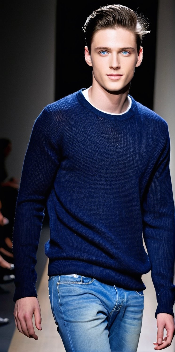 Hyperrealistic photograph of a beautiful, young man. Latino man, pale skin, very clear and bright light blue eyes. 22yo, side parted hair, dark black hair, shaved on the side, locks of hair on face. Average body.

He wears jeans and a navy blue sweater. (Sweater open, showing the chest, abs).

The young man is models. He's modeling, walking down a fashion runway. He has a model pose. Smile at the camera. sexy, hot, masculine.

Set the scene on a French fashion runway. There are many people on the sides watching the fashion show. Many flash cameras photographing the model

(The shot is far away). The shot is wide to notice the details of the fashion catwalk and in the center the full-length men.