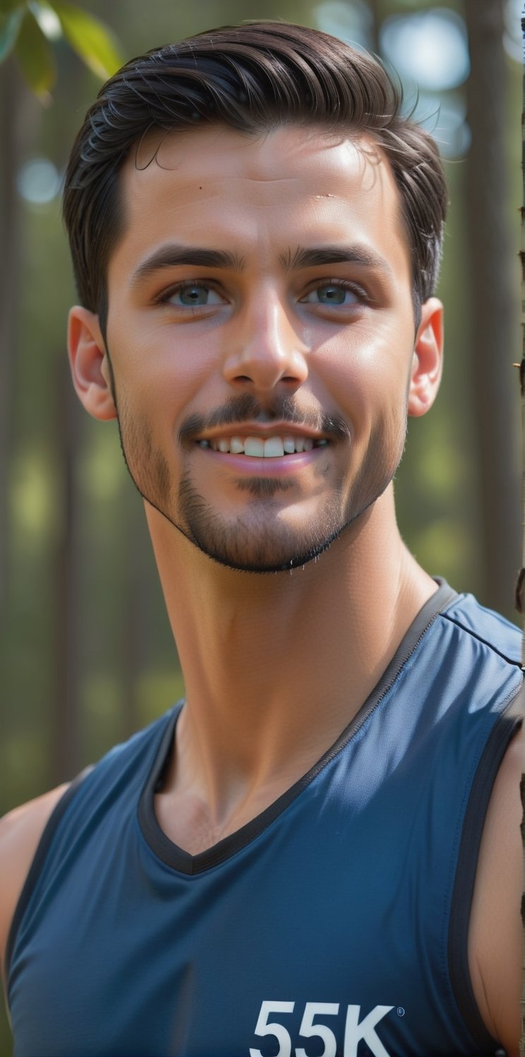 (photorealistic), masterpiece:1.5, beautiful lighting, best quality, beautiful lighting, realistic, real image, intricate details, 

Imagine a man, beautiful Hispanic man, 30yo, blue eyed, athletic, wearing a sleeveless shirt. Dark black hair, facial hair, pointy hair,  short hair, body hair, Make sure the text '5K' appears prominently in a stylish font on your t-shirt. Aim for perfection in every detail, Text, running, the background is a park full of trees, wearing a sports shorts, sexy smile