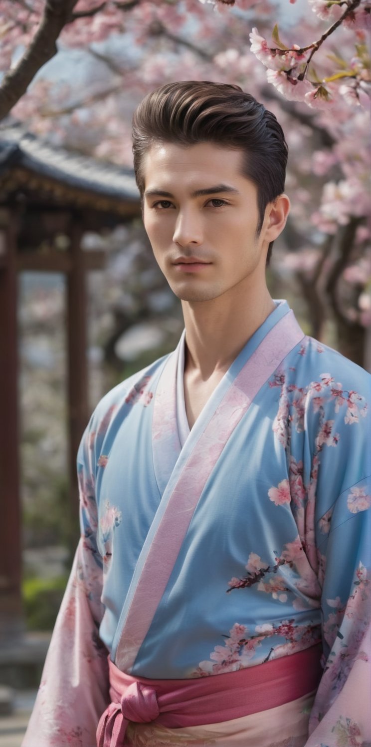 
Imagine the following scene:

Photograph of a beautiful man. Full body shot.

The man is in a Japanese temple. Pink cherry trees in the background. blurred background 

((wearing a pink kimono)).

The man is from Japan, 20 years old, normal body, big bright blue eyes. Masculine, full and red lips. Blush. very straight and short hair.

Standing in the center of the shot, dynamic pose, smile.

(photorealistic), masterpiece: 1.5, beautiful lighting, best quality, beautiful lighting, realistic and natural image, intricate details, everything in sharp focus, perfect focus, photography, masterpiece, meticulous nuances, supreme resolution, 32K, ultra-sharp, quality Details superior, realistic and complex, perfect proportions, perfect hands, perfect feet.