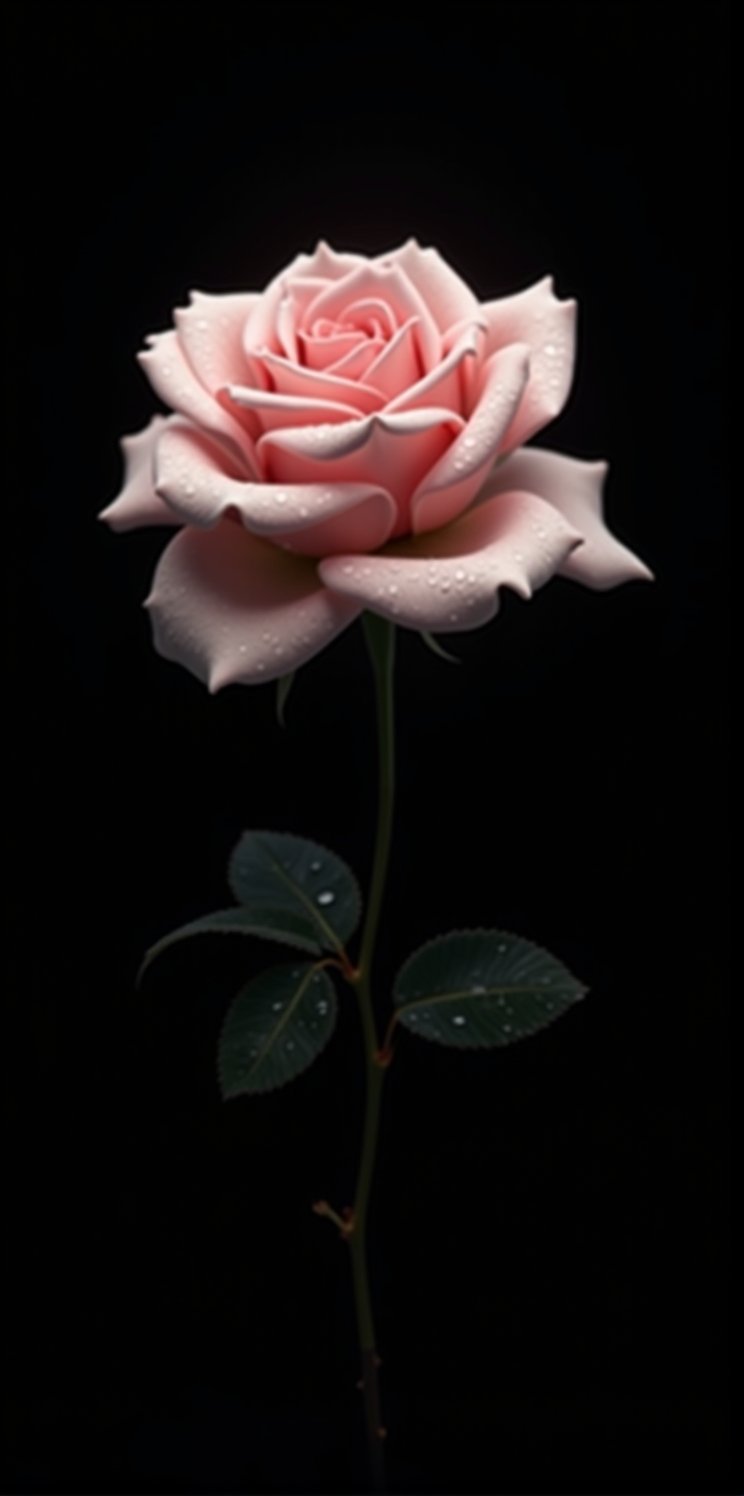 Imagine the following scene.

Animation style image. A beautiful white rose floating on a black background. L pink with dew on its petals. It's a beautiful pink.