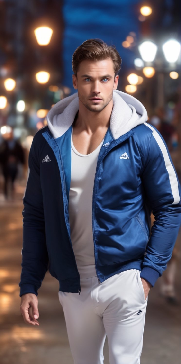 
Imagine the following scene.

In a busy park, there are headlights, it is night. On the road a beautiful man walks doing exercises

The man is from Slovakia. muscular. 20 years. Very large and bright blue eyes, full, red, muscular lips, long eyelashes, masculine. Light brown hair, big, beefy chest.

(((with open jacket, white hooded jacket, white sports pants, white sports shoes))).

The man walks, dynamic pose

The half-body shot to capture the details of the scene, best quality, 8K, high resolution, masterpiece, HD, perfect proportions, perfect hands.