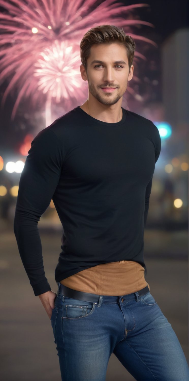 Imagine the following scene.

Realistic photography of a beautiful man. Full body shot.

It's night, in the background there are fireworks in the sky. Blurred background.

The man is standing up.

Wearing a black sleeveless t-shirt, jeans. Black sports shoes. She has earrings, and men's jewelry, a chain on her chest.

The man is muscular, with thick, defined legs. Clear and big eyes. Short hair, blush, full and pink lips. Angular face, long eyelashes. 40yo, from Holland.

Discreet smile. Mischievous look.

(photorealistic), masterpiece: 1.5, beautiful lighting, best quality, beautiful lighting, realistic and natural image, intricate details, everything in sharp focus, perfect focus, photography, masterpiece, meticulous nuances, supreme resolution, 32K, ultra-sharp, quality Details superior, realistic and complex, perfect proportions, perfect hands, perfect feet.