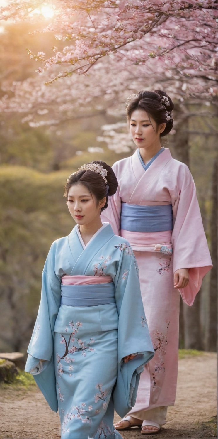 Imagine the following scene:

A Japanese cherry blossom park. The cherry blossoms fall. It is a beautiful and detailed image. The flowers fall.

It's in the afternoon. Sunlight at sunset.

A beautiful young Japanese couple walks among the trees. A Japanese man, with a beautiful light blue traditional Japanese kimono and a beautiful geisha, with a traditional pink geisha dress.

The image reflects the vitality of spring.

Many details. Beautiful image.
