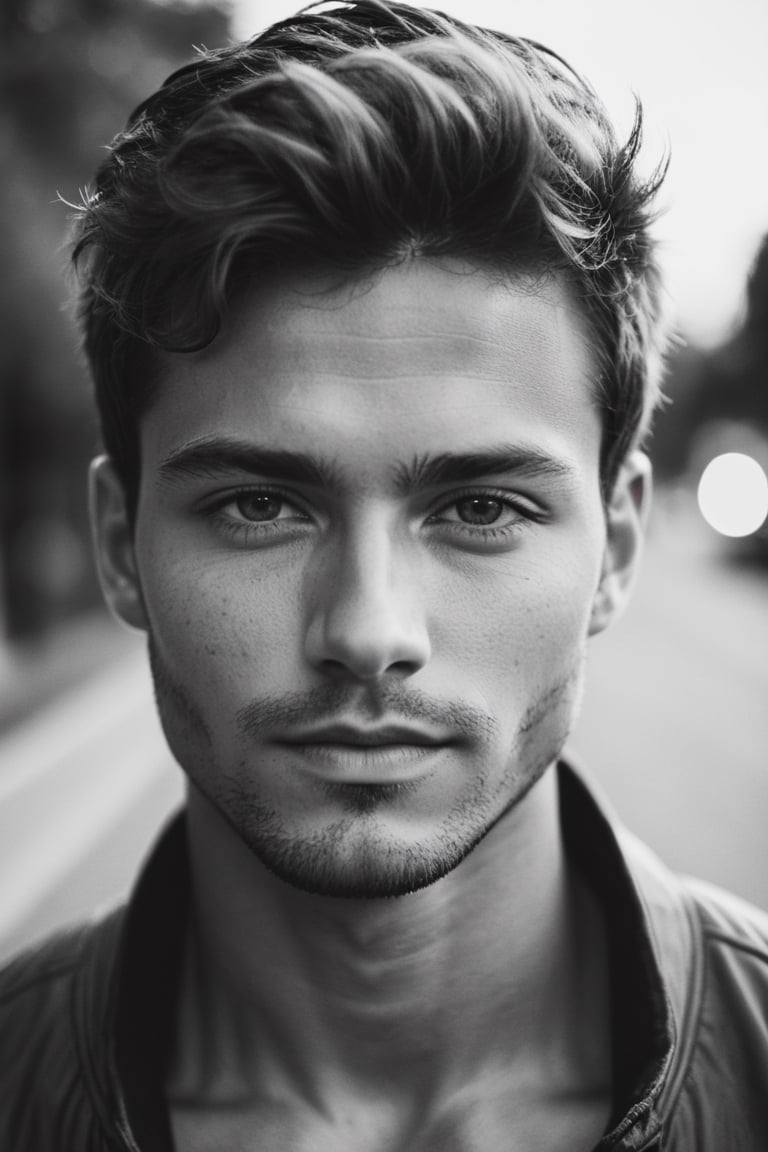 b&w, instagram photo, portrait photo of man, 28 y.o, perfect face, natural skin, film grain