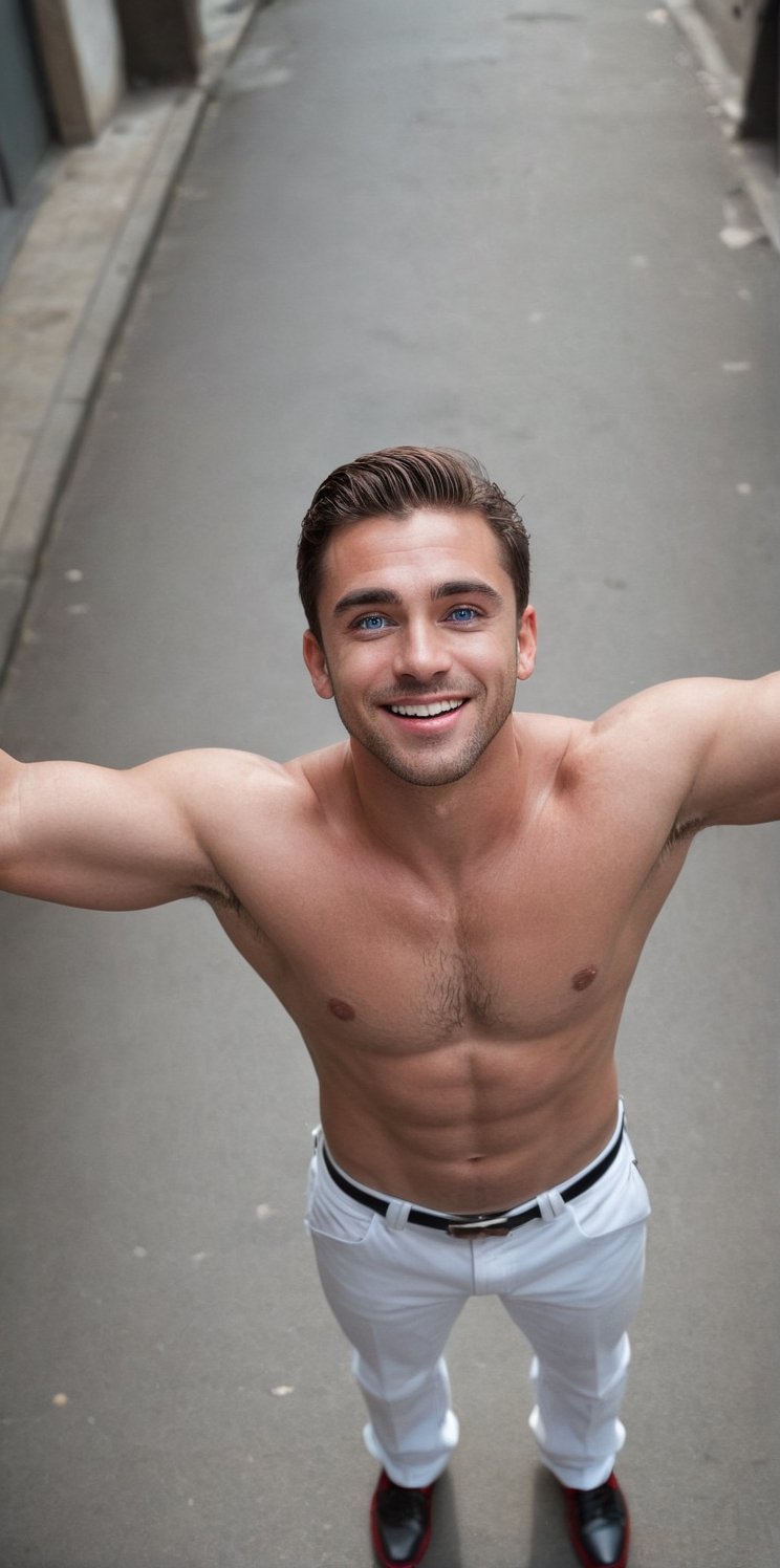 Imagine the following scene.

A very urban street, at night. A handsome man stands with his arms extended upward. The shot is from above. Top shot.

The man looks up, looks at the camera. Arms outstretched trying to reach the camera. With mischief on his face

(((Wearing a white pants, wearing a red shirt, black shoes))). You have a happy expression, a discreet smile. Blushing.

The man is from Costa Rica. Very large and bright blue eyes. Clear eyes. Long eyelashes, full and red lips. Muscular.

The image represents the gratitude of man, who looks to the sky in gratitude.

take care of the proportions. Very real.

The shot is wide to notice the details of the scene.