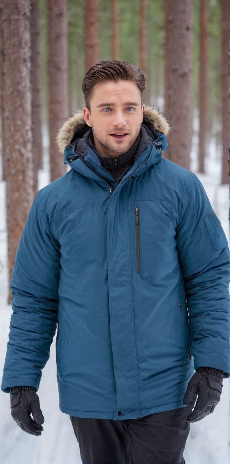 
Imagine the following scene:

In a forest with large pine trees, it is daytime, sunlight passes through the pine trees. It is winter, the trees and the ground are full of a lot of snow. It's in Canada.

Walking through the pine forest, a beautiful man.

The man is from Canada. He is muscular, with very clear and bright blue eyes. Long eyelashes, full and red lips.

The man wears winter clothes. A very padded winter jacket.

The man walks through the forest, he has an expression of joy and serenity

Wide, full-body shot to notice the details of the scene.
