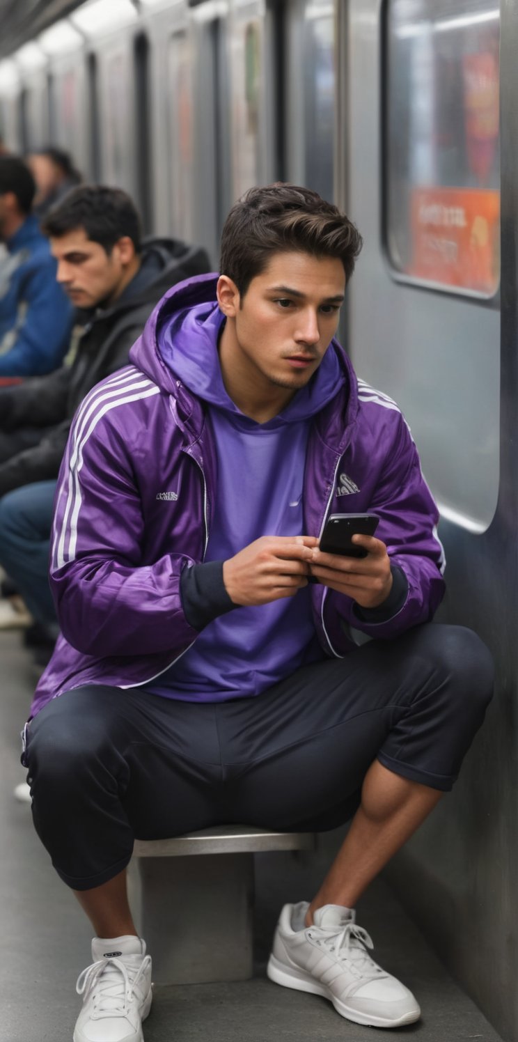 Imagine the following scene:

Realistic photograph of a man. Full body shot, zoomed out shot to see the details of the scene.

He is sitting in the subway. Looking at his cell phone. The bagón is full of people. Focus on the man, blurred background.

He wears a purple hooded jacket, black sports shorts, and black sports shoes.

The man is from Mexico, dark skin, 20yo, young, light brown hair. Athletic, 

(photorealistic), masterpiece: 1.5, beautiful lighting, best quality, beautiful lighting, realistic and natural image, intricate details, everything in focus, perfect focus, photography, masterpiece. small nuances, supreme resolution, 32K, ultra-sharp, superior quality details, realistic and complex, perfect proportions, perfect hands, perfect feet.