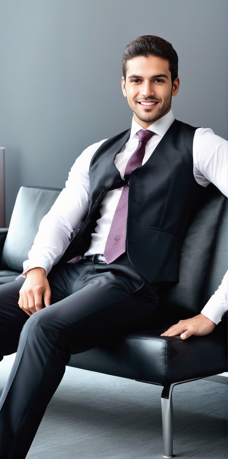 Hyperrealistic photograph of a beautiful man with an average body, young, Venezuelan man, 25 years old.

He wears a white shirt with a colored tie. Black dress pants. Over the shirt a tight-fitting suit vest. Black dress shoes. discreet smile. defined jaw.

The man is sitting on a sofa in a very modern executive office. He is sitting cross-legged. His back rests on the sofa. Pose of an executive listening to a meeting.

The photograph is distant and wide. You can notice the details of the office.