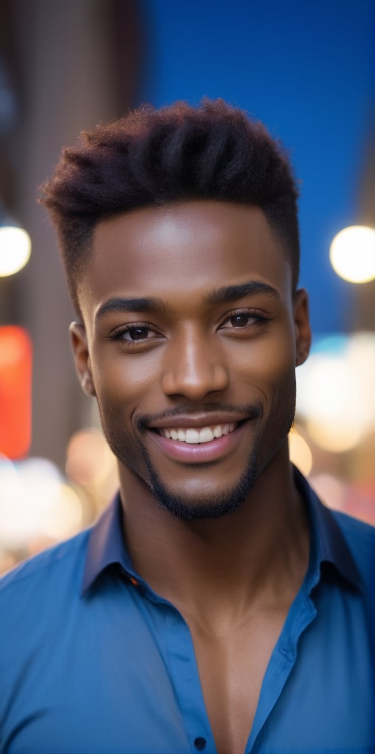 Imagine the following scene:

Realistic photograph of a beautiful man, half-length shot. Pose for Instagram photo

The scene is outdoors at night.

The man is from Nigeria, 20yo, very light and bright blue eyes, big eyes, long eyelashes, red and full lips, blush, muscular.

The man wears a shirt of many colors, a design of many colors.

dynamic pose. Look at the camera, smile

The shot is wide to capture the details of the scene. best quality, 8K, high resolution, masterpiece, HD, perfect proportions, perfect hands.