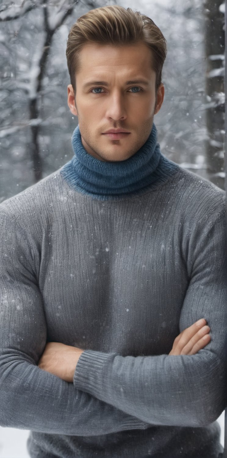 Imagine the following scene:

Full body photograph of a beautiful man.

Wearing a turtleneck, knitted sweater, very warm. Jean. Black boots.

The man is from Russia, 35 years old, muscular, short blonde hair, very light and bright blue eyes, big eyes. 

Standing in the middle of a snow storm. Serious
 
(photorealistic), masterpiece: 1.5, beautiful lighting, best quality, beautiful lighting, realistic and natural image, intricate details, all in sharp focus, perfect focus, photography, masterpiece, meticulous nuances, supreme resolution, 32K, ultra-sharp, Superior Quality, realistic and complex details, perfect proportions, perfect hands, perfect feet.,Fantasy ,vector,Masterpiece,xxmixgirl,photorealistic,real,art