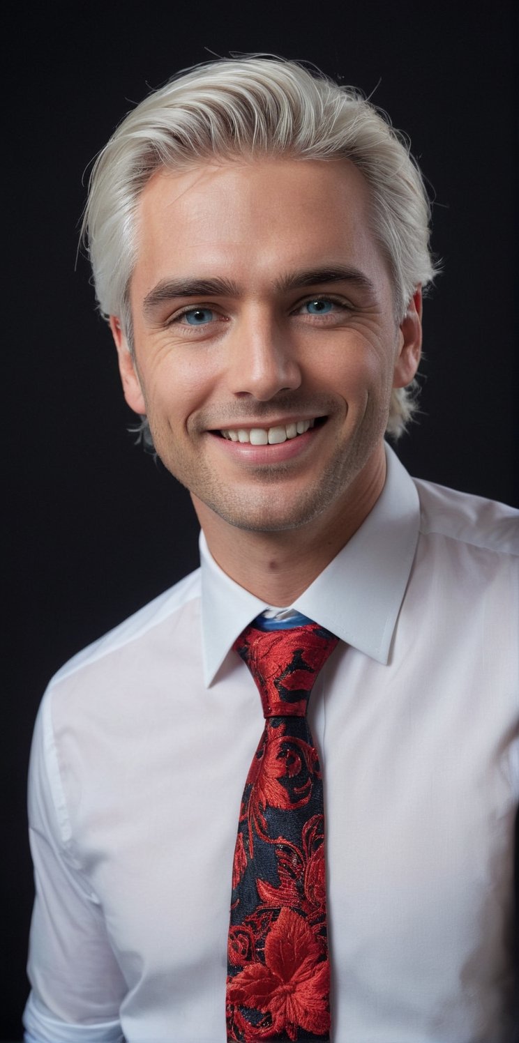 
Imagine the following scene.

A half-length photograph of a handsome man, who smiles at the camera.

The man wears a white shirt embroidered with many laces, with many embroidery details. The shirt fitted to the body and very transparent. Black boots. Colorful tie, very modern and fashionable blue gradient.

The man is Canadian, very bright and large blue eyes. Full red lips, long eyelashes, masculine, alpha male. With a toned body, thick legs. White hair.

The man faces the camera, looks mischievously and smiles.

Black background