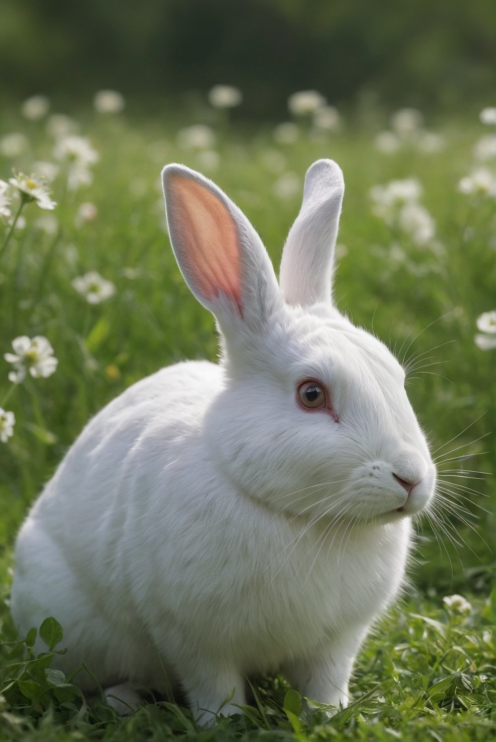 
Hyperrealistic photo of a very realistic white rabbit. The rabbit is in a very green meadow. The rabbit is attentive to movement, on alert. The rabbit is facing forward, on its hind legs. The meadow has many flowers. It is day. The light enters between the leaves and gives a contrast of shadows on the animal. Beautiful scene, ultra detailed, hyperrealistic, colorful, distant.