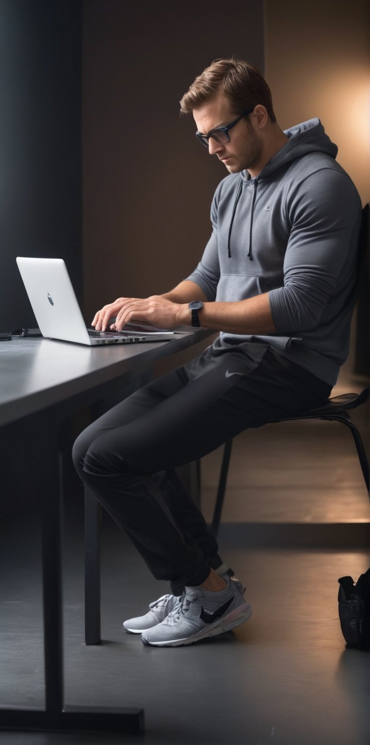 Imagine the following scene:

Realistic photo of a man from behind sitting typing on a laptop. Back to camera

The scene is a very dark room, only the light from the computer.

Broad and muscular back, light brown hair.

Typing on the laptop.

The man wears dark sports clothing.

The shot is wide to capture the details of the scene. Full body shot. best quality, 8K, high resolution, masterpiece, HD, perfect proportions, perfect hands.