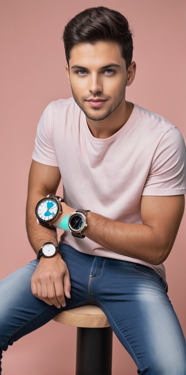 Hyperrealistic photograph of a beautiful Latin man, 25 years old, white, very light skin and big blue eyes. Brown hair, side parted hair, dark black hair, shaved on one side, spiky hair. Average body. slight smile

The man is a professional model. In his hands he holds a beautiful epoxy resin clock with a wave effect. The clock has a wooden hand and is circular. The focus of the photograph is the plate. The model shows the watch to the camera.

The man sitting on a stool, upright, wears pastel pink flannel clothing, sports shoes, and knee-length jean shorts.

(The man has in his hands a large epoxy resin watch, the watch is large and covers the man's chest, a beautiful watch with river effect hands made with epoxy resin, you can see the detail of the effect and with a unique shine. It is a beautiful watch and the quality of the piece is evident. The focus of the photograph is the epoxy resin river effect watch. Focus on the watch)

The background is very black, a very dark background.

The shot is far away. A wide shot where you can see the full-length man sitting in the center of the image showing the beautiful epoxy resin plate