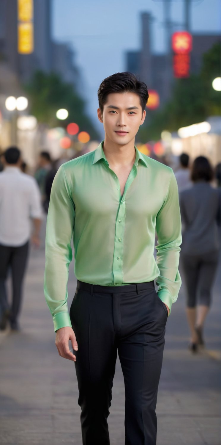 
Imagine the following scene:

Photograph of a beautiful man. Full body shot.

The man walks down a large avenue, with many people and cars. It's night. The blurred background. 

((wearing an apple green silk and lace shirt, transparent shirt, black pants, black shoes)).

The man is from China, 27 years old, normal body, big bright eyes. Masculine, full and red lips. Blush. very straight and short hair.

Standing in the center of the shot, dynamic pose, walking, smile.

(photorealistic), masterpiece: 1.5, beautiful lighting, best quality, beautiful lighting, realistic and natural image, intricate details, everything in sharp focus, perfect focus, photography, masterpiece, meticulous nuances, supreme resolution, 32K, ultra-sharp, quality Details superior, realistic and complex, perfect proportions, perfect hands, perfect feet.