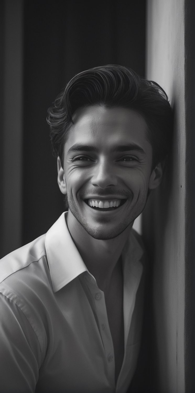 
Creates a hyper-realistic image of a handsome man in a dark room, he laughs out loud, guffaws, the mood is very happy, lost in a harsh, black and white photograph, with a high level of detail and sharp focus . Extremely realistic, still photo from the movie, elegant, Latin man, young, handsome.