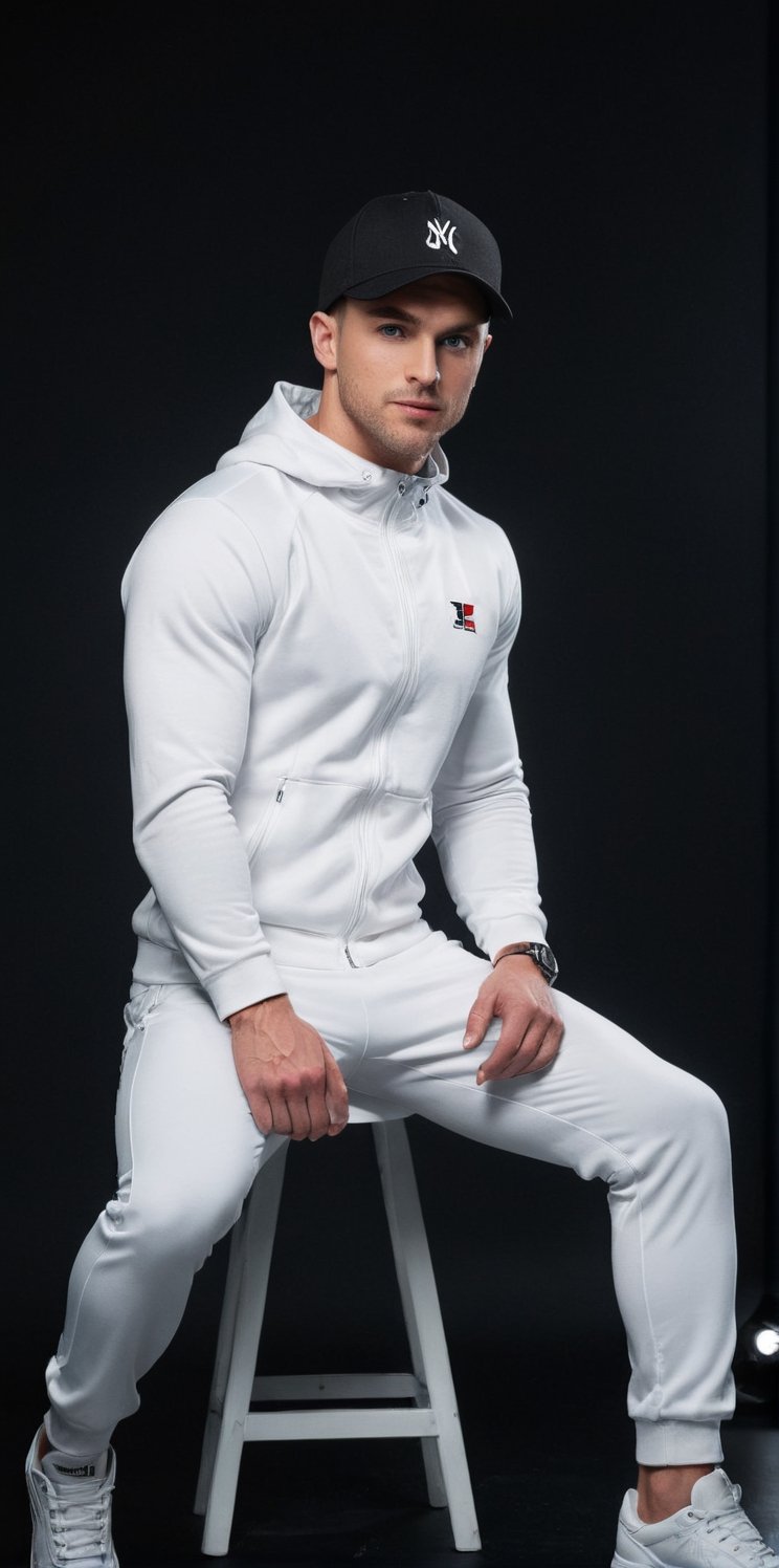 Imagine the following scene:

In a completely black photo studio.

In the center a beautiful man is sitting in a chair looking at the camera with a penetrating and provocative gaze.

The man is sitting with his legs open.

(Wearing a white tight jacket, white tight sports pants, white sports shoes, wearing a white sports cap).

The man is from Poland. Very light and bright blue eyes, long eyelashes, full and red lips. 28yo. Muscular. Big crotch.

Black background.

Dynamic pose, model pose. Hidden smile.

The shot is half-length.