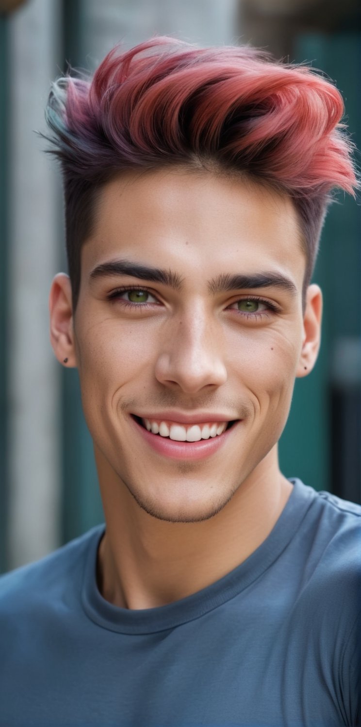 
Imagine the following scene:

Realistic photograph of a beautiful man for social network. Smile. The shot is close.

The man is outdoors.

The man wears a gray sports shirt.

The man is from Mexico, masculine, green hair, punk hair. 20 years old, very light blue eyes, bright and big eyes, full and red lips, blush, muscular. freckles in the face

high realism aesthetic photo, RAW photo, 16K, real photo, best quality, high resolution, masterpiece, HD, perfect proportions, perfect hands