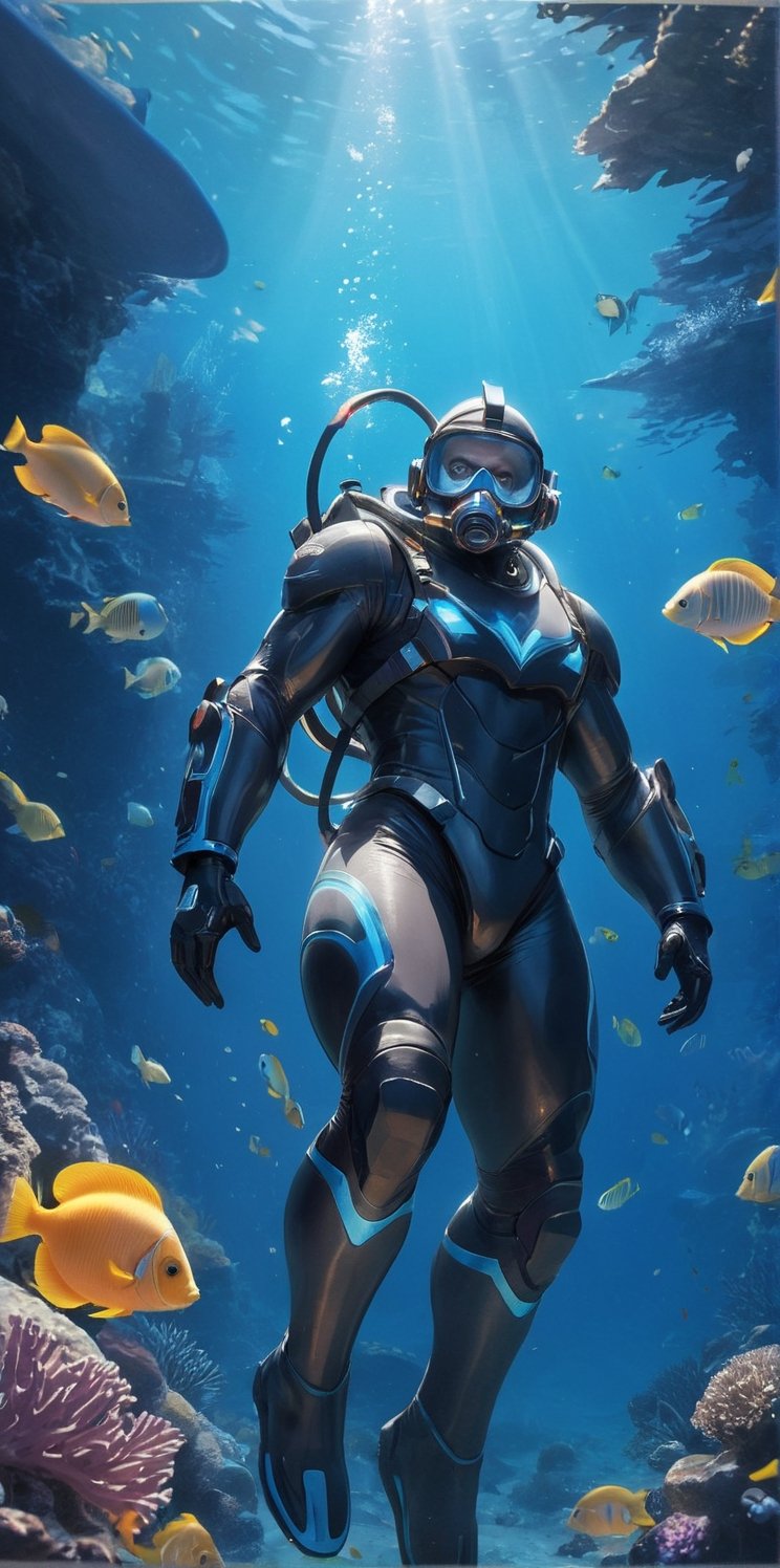 Imagine the following scene:

Under the sea, on a coral reef, three beautiful colorful fish swim.

On the surface it is daytime, the sunlight enters the sea, giving beautiful sparkles to the image

In the center of the shot a beautiful man in a diving suit. The suit fits his muscular body, his black hair moves with the sea, he has a mask and a snorkel.

The perspective of the shot is from bottom to top, detailing the corals and the fish in the center. You can see the surface of the sea