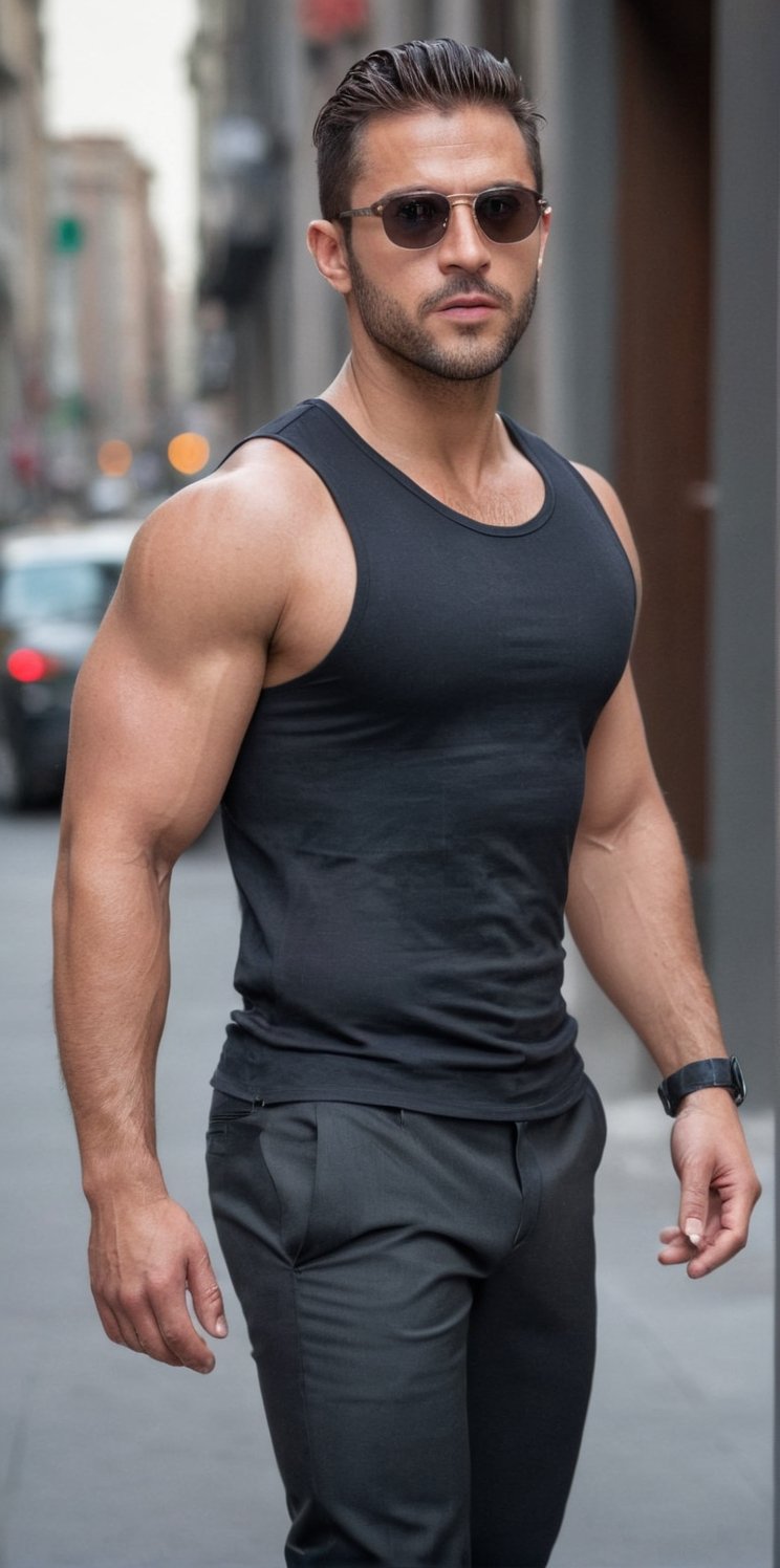 Imagine the following scene:

A close-up photo for Instagram of a beautiful man.

The man is Italian, 25yo, muscular, wearing sunglasses, full and pink lips. Dark brown hair, short hair, very straight hair. Centerline haircut, hair falls on both sides of the face.

The man wears a tight-fitting sleeveless vest, showing off his beefy arms. Tattoo on the arms. Black dress pants tight to his body. Big ass, big crotch.

The man walks confidently down a busy street. Male. Alfa male.

Many details. Beautiful image.,photo r3al