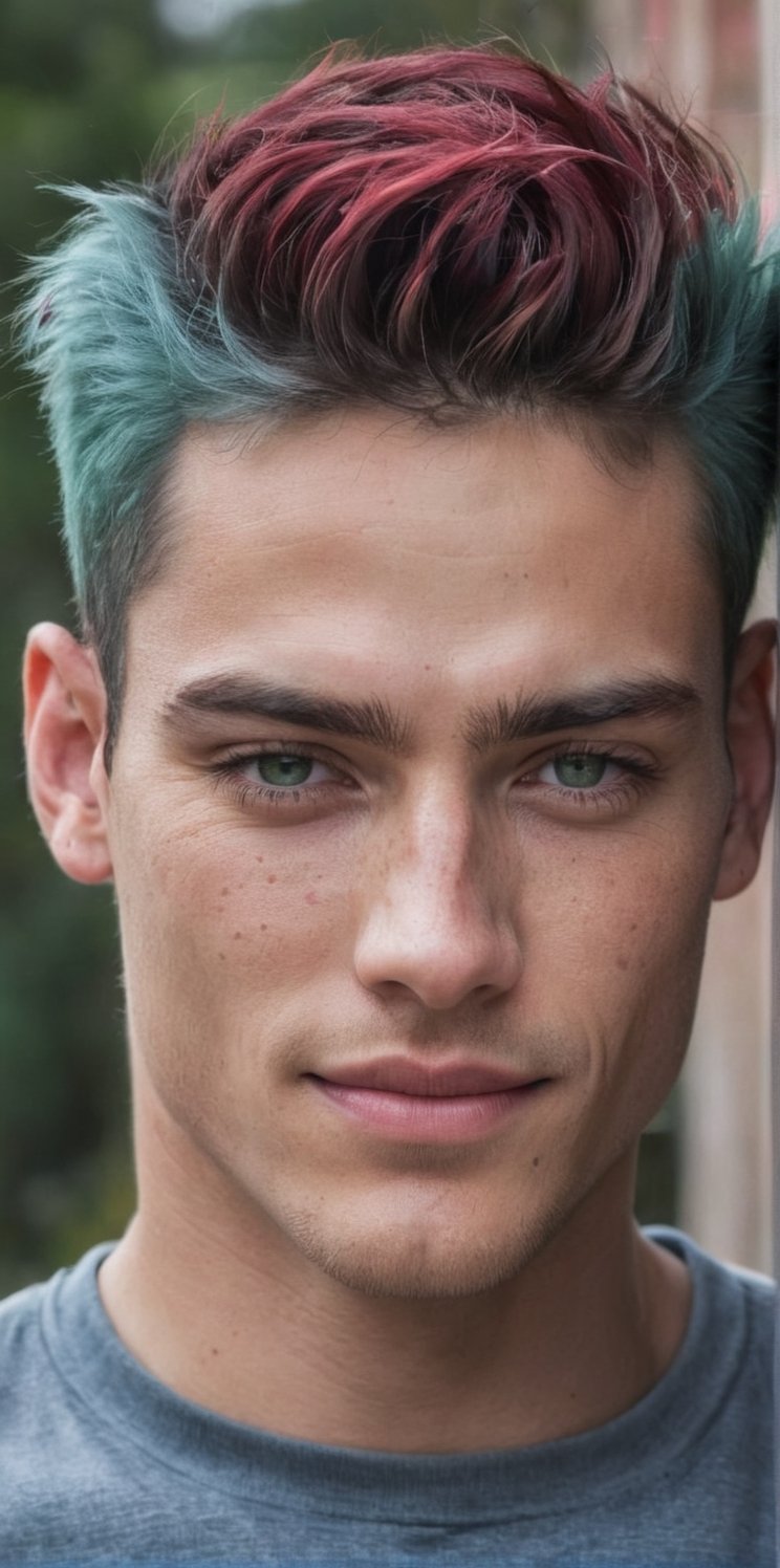 
Imagine the following scene:

Realistic photograph of a beautiful man for social network. Smile. Half body shot.

The man is outdoors.

The man wears a gray sports shirt.

The man is from Mexico, masculine, green hair, punk hair. 20 years old, very light blue eyes, bright and big eyes, full and red lips, blush, muscular. freckles in the face

high realism aesthetic photo, RAW photo, 16K, real photo, best quality, high resolution, masterpiece, HD, perfect proportions, perfect hands