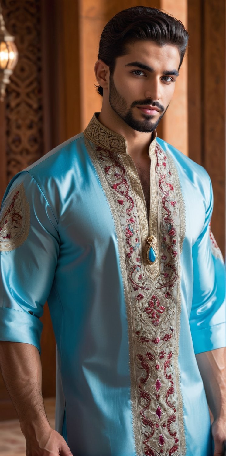 26years old beautiful hispanic man wearing a luxurious Middle Eastern thobe, muscular, bodybuilder, big body, dark black hair, Depth and Dimension in the Pupils, So beautiful ligth blue eyes, (short beard:1.5), chest hair, showing chest, Envision the thobe with intricate details, featuring opulent embroidery, rich fabrics, and elaborate patterns, Picture the boy adorned in a palette of vibrant colors, reflecting the elegance and craftsmanship of traditional Middle Eastern attire. Optimize for a visually captivating composition that highlights the exquisite design of the thobe, creating a scene that celebrates the beauty of cultural richness,