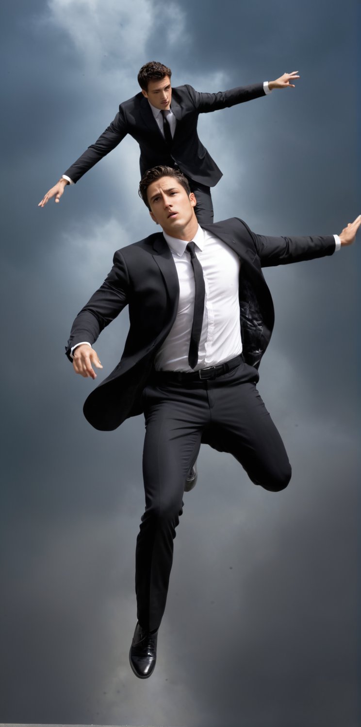 
Imagine the following scene.

A beautiful man falling from the sky. Dynamic pose of falling, despair. He is wearing a black suit.

The man is Latino, muscular, short hair

(photorealistic), masterpiece: 1.5, beautiful lighting, best quality, beautiful lighting, realistic and natural image, intricate details, everything in focus, perfect focus, photography, masterpiece, small nuances, Supreme Resolution, 32K, ultra-sharp quality and details.