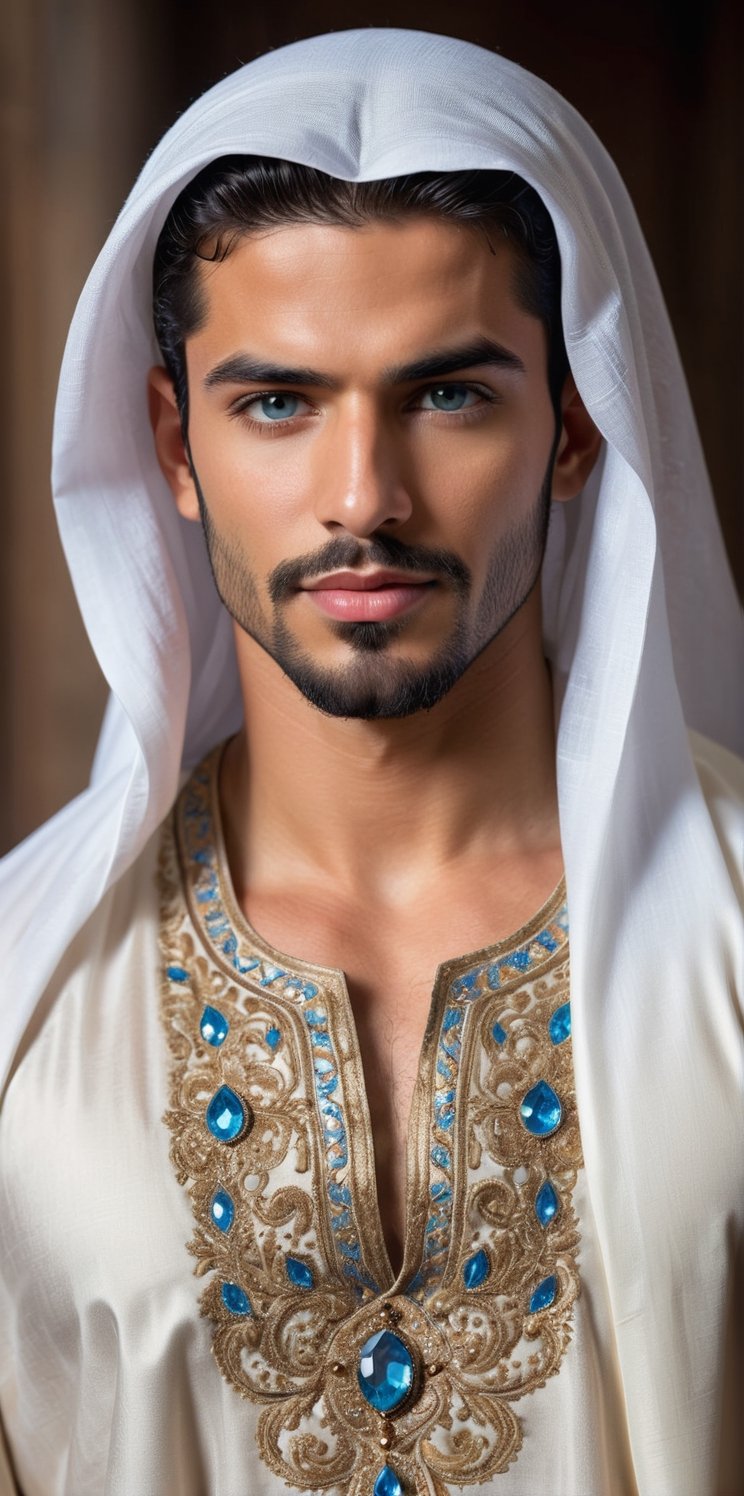 26years old beautiful hispanic man wearing a luxurious Middle Eastern thobe, muscular, bodybuilder, big body, dark black hair, topless, showing chest, Depth and Dimension in the Pupils, So beautiful ligth blue eyes, (short beard:1.5), chest hair, showing chest, Envision the thobe with intricate details, featuring opulent embroidery, rich fabrics, and elaborate patterns, Picture the boy adorned in a palette of vibrant colors, reflecting the elegance and craftsmanship of traditional Middle Eastern attire. Optimize for a visually captivating composition that highlights the exquisite design of the thobe, creating a scene that celebrates the beauty of cultural richness,