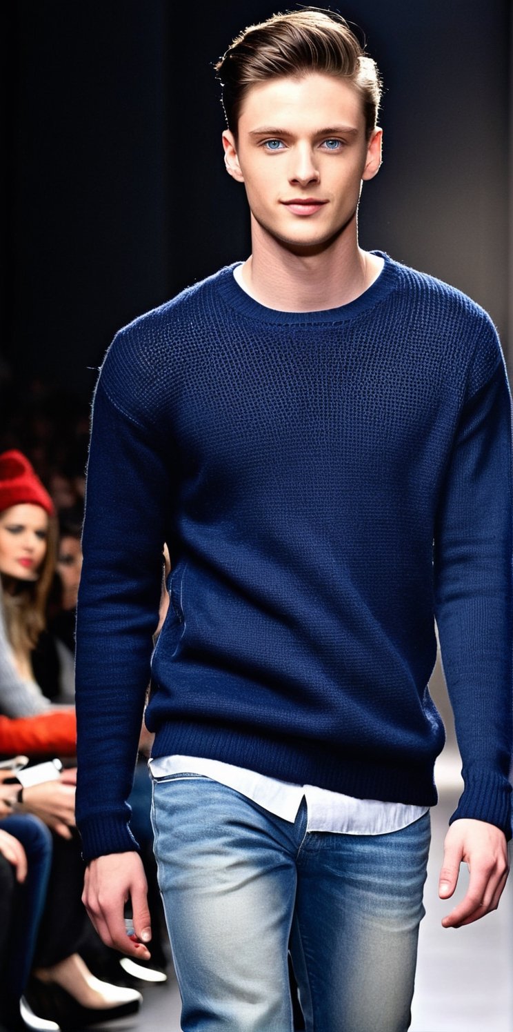 Hyperrealistic photograph of a beautiful, young man. Latino man, pale skin, very clear and bright light blue eyes. 22yo, side parted hair, dark black hair, shaved on the side, locks of hair on face. Average body.

He wears jeans and a navy blue sweater. Sweater open, showing the chest.

The young man is models. He's modeling, walking down a fashion runway. He has a model pose. Smile at the camera. sexy, hot, masculine.

Set the scene on a French fashion runway. There are many people on the sides watching the fashion show. Many flash cameras photographing the model

(The shot is far away). The shot is wide to notice the details of the fashion catwalk and in the center the full-length men.